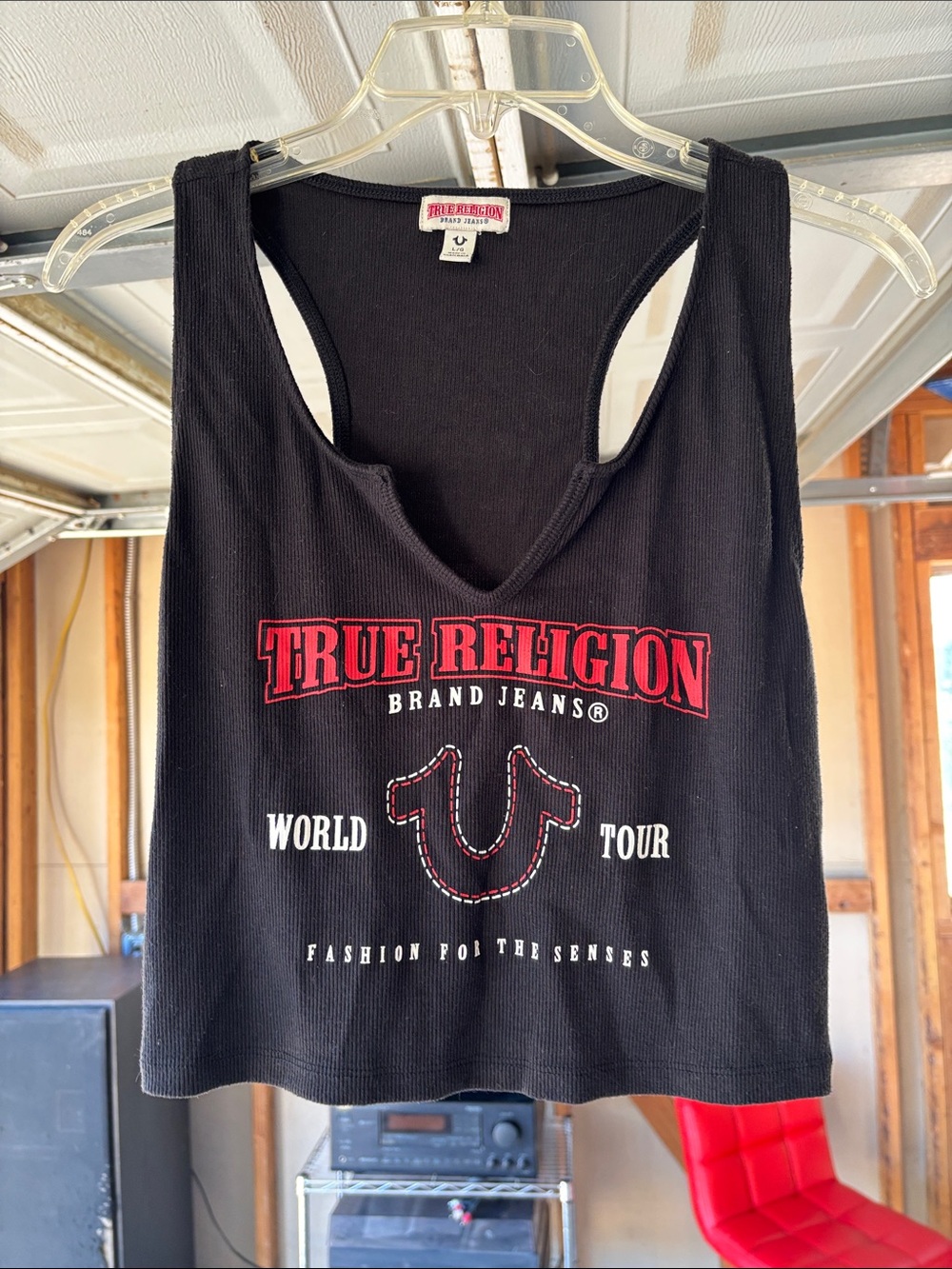 True Religion Black Tank Top with Red & White Logo